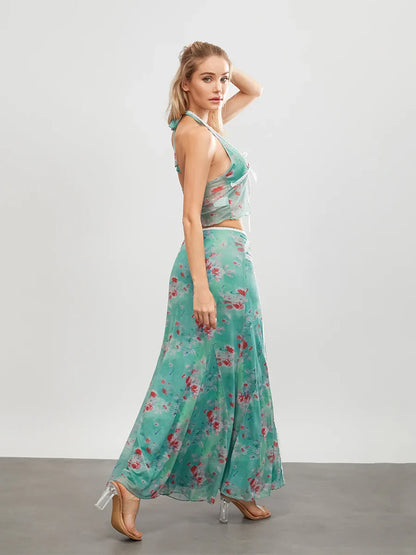 TAMBREET wsevypo Green Floral 2Pieces Dress Sets Women's Summer Party Streetwear Suits Sleeveless Tie-up Halter Backless Vest+Long Skirt