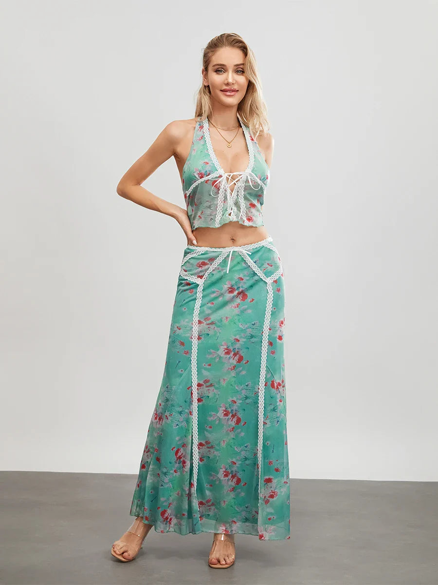 TAMBREET wsevypo Green Floral 2Pieces Dress Sets Women's Summer Party Streetwear Suits Sleeveless Tie-up Halter Backless Vest+Long Skirt