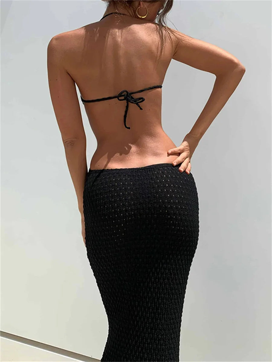 TAMBREET wsevypo Halter Maxi Bodycon Women Dress 2024 Summer Sexy Hollow Out Backless Wrapped Long Party Dresses Club Beach Sundress