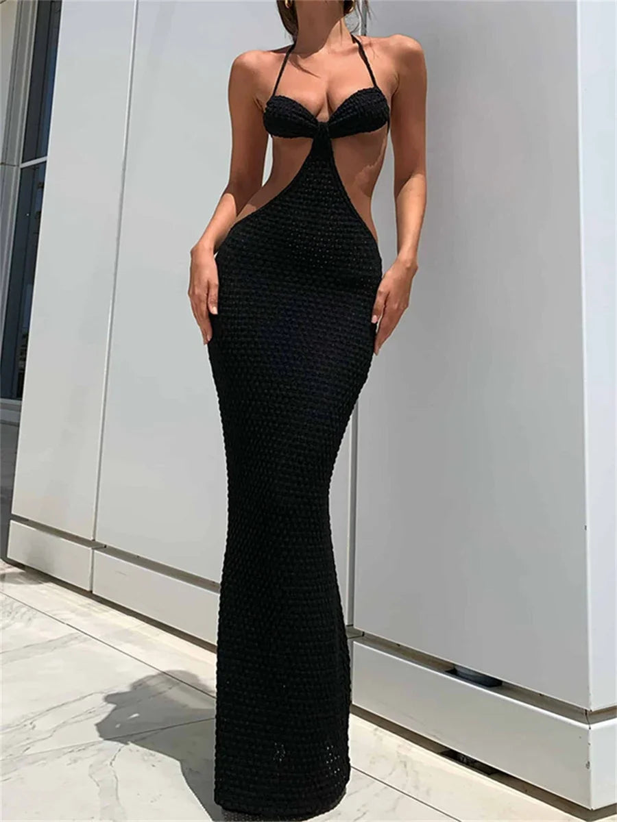 TAMBREET wsevypo Halter Maxi Bodycon Women Dress 2024 Summer Sexy Hollow Out Backless Wrapped Long Party Dresses Club Beach Sundress