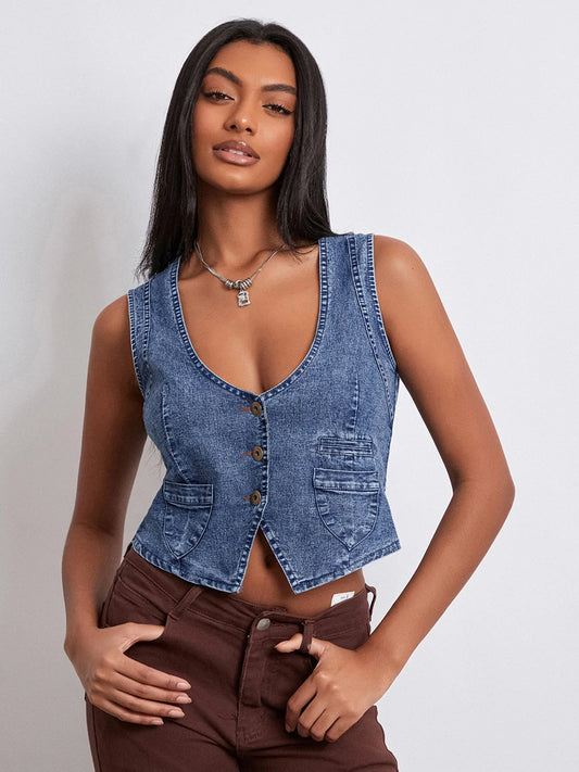 TAMBREET  wsevypo Retro Sleeveless Jeans Vests 2024 New Fashion Women's V Neck Button down Denim Tank Tops Streetwear Grunge Cropped Tanks