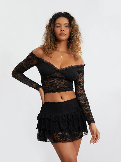 TAMBREET wsevypo Sexy Lace Sheer 2Pieces Skirt Suits Women's Off-Shoulder Long Sleeve Crop Tops and Tiered Mini Skirts Party Streetwear