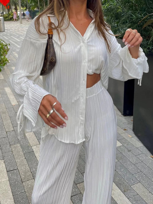 TAMBREET wsevypo Women Two-piece Pleated Pants Suits Casual Chic Solid Color Long Sleeve Button down Shirts and Straight Leg Trousers Set