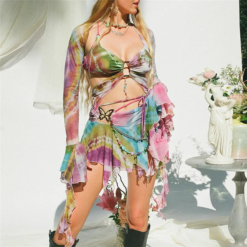 TAMBREET y2k Aesthetic Butterfly Print 3 Pcs Set Long Flare Sleeve Shawl Halter Lace Up Sexy Top Pleated Skirt Summer Beach Outfits